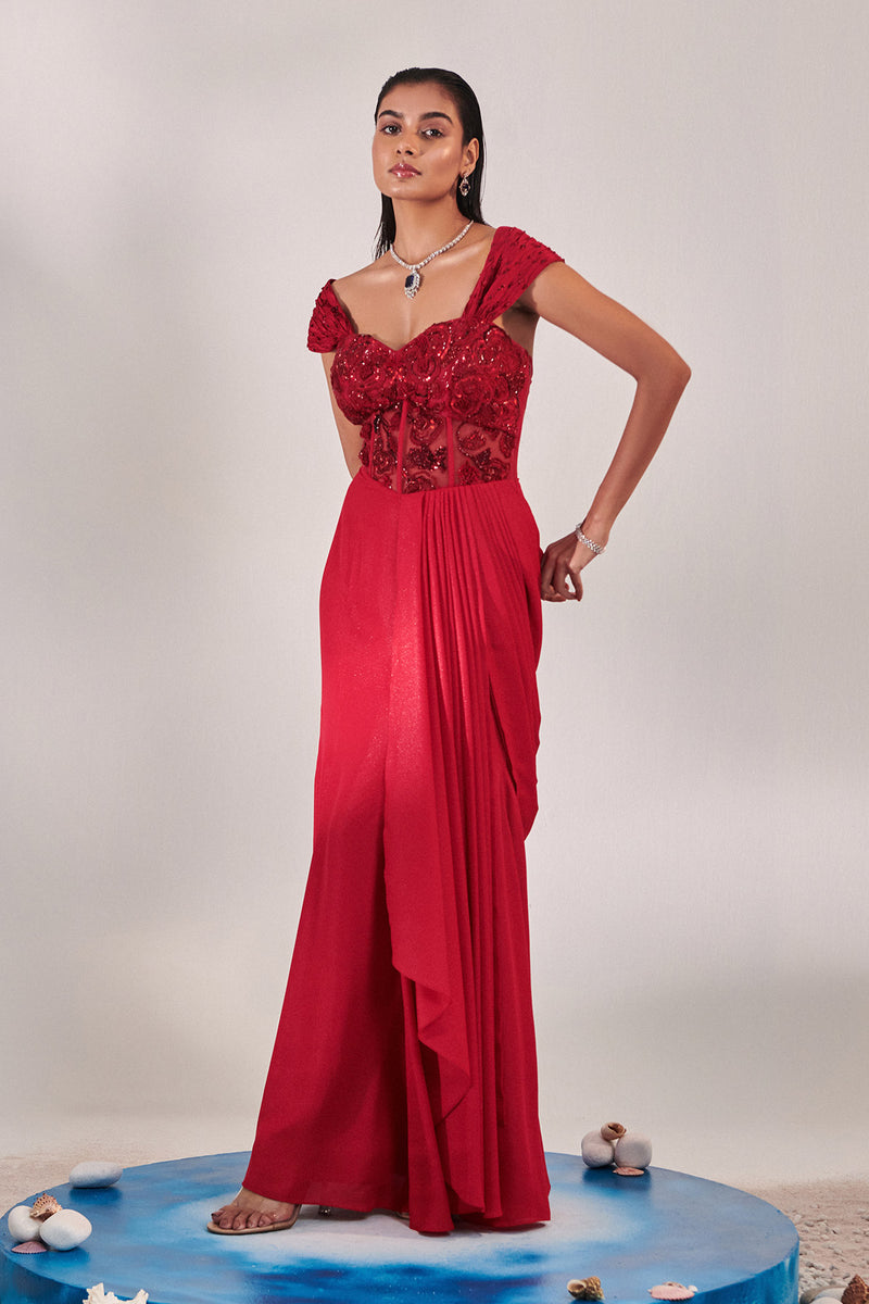 Corset Fitted Gown Draped To Accentuate Curves;Twisted Pleated Shoulder Drape; Fabric Manipulation Technique
