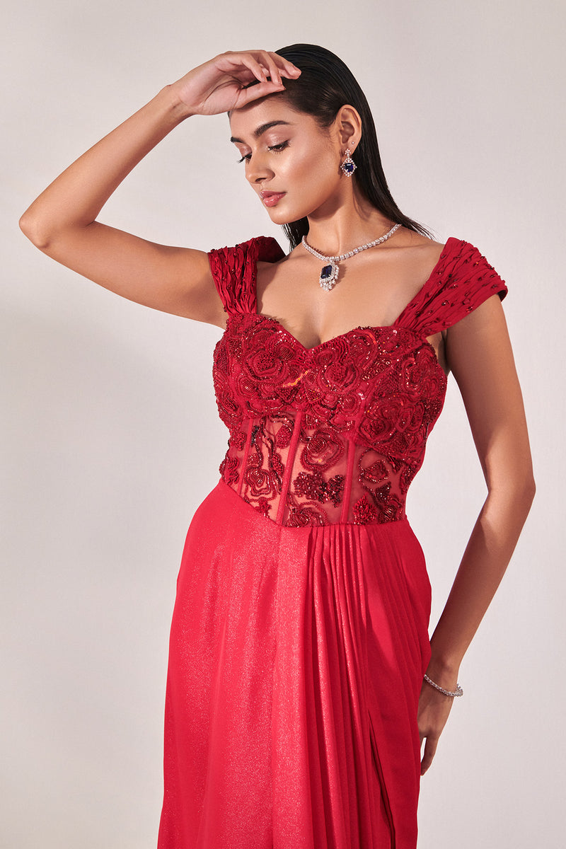 Corset Fitted Gown Draped To Accentuate Curves;Twisted Pleated Shoulder Drape; Fabric Manipulation Technique