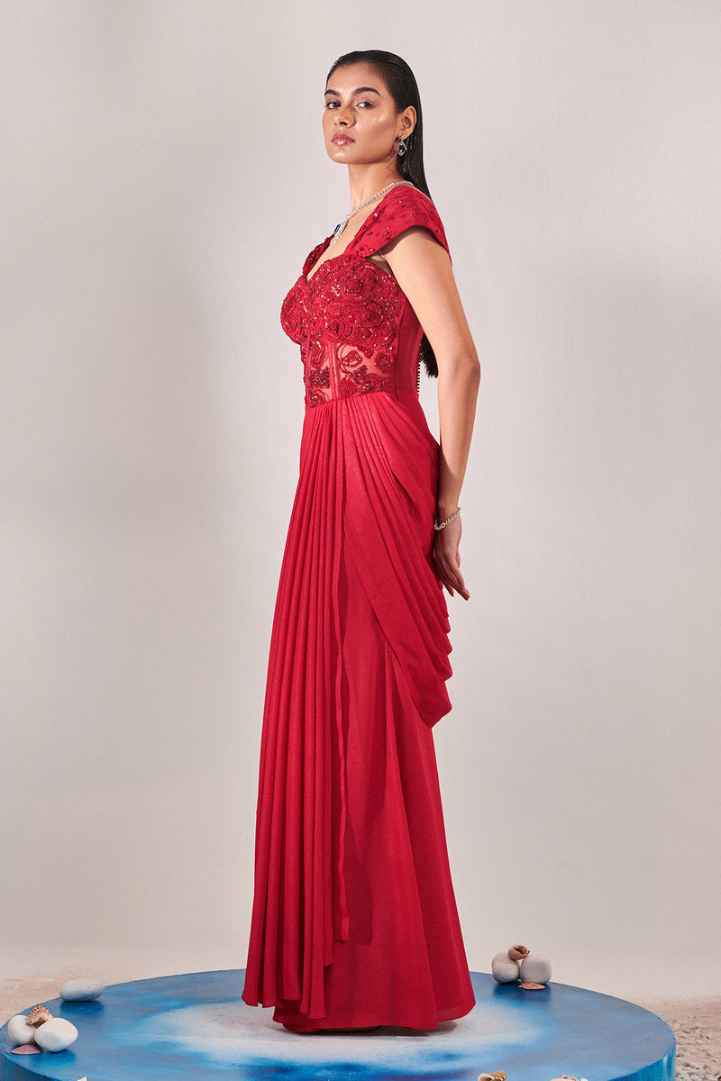 Corset Fitted Gown Draped To Accentuate Curves;Twisted Pleated Shoulder Drape; Fabric Manipulation Technique