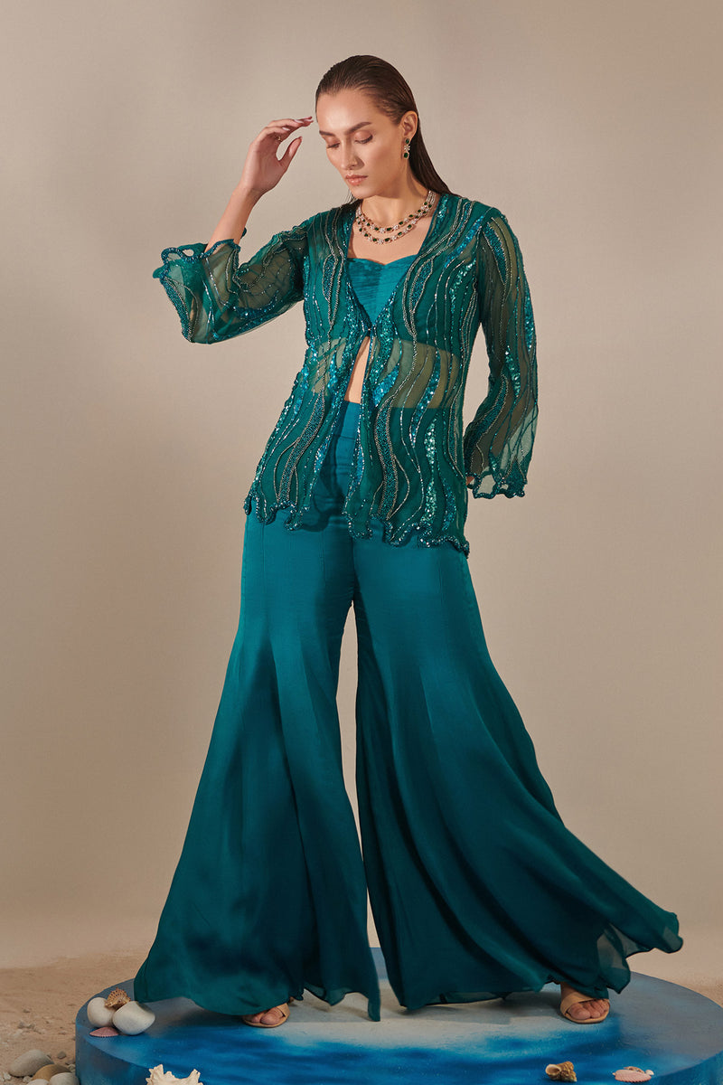 Teal Cutwork Tulle Jacket , Kalidar Sharara, Ruched Bustier