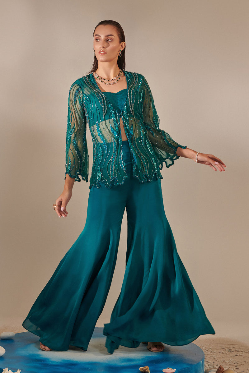 Teal Cutwork Tulle Jacket , Kalidar Sharara, Ruched Bustier