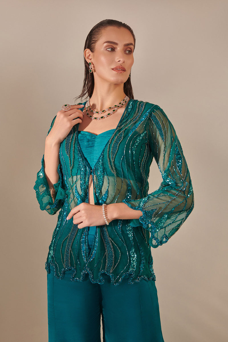 Teal Cutwork Tulle Jacket , Kalidar Sharara, Ruched Bustier