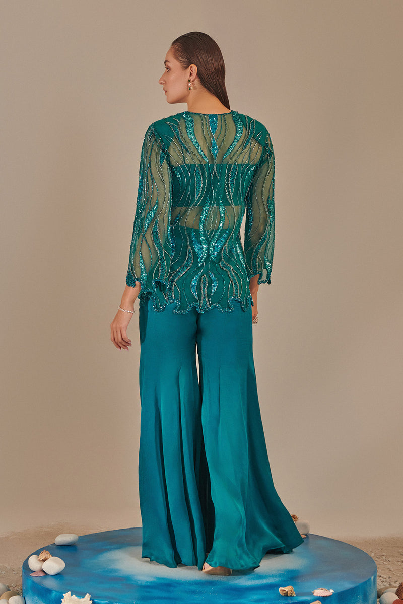 Teal Cutwork Tulle Jacket , Kalidar Sharara, Ruched Bustier