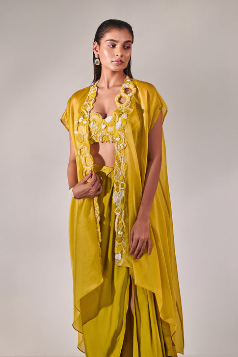 Cutwork Blouse With 3D Embroidered Details ; Resham And Zardozi Embroidery; Dori Detailing; Drape Silk Satin Slit Skirt