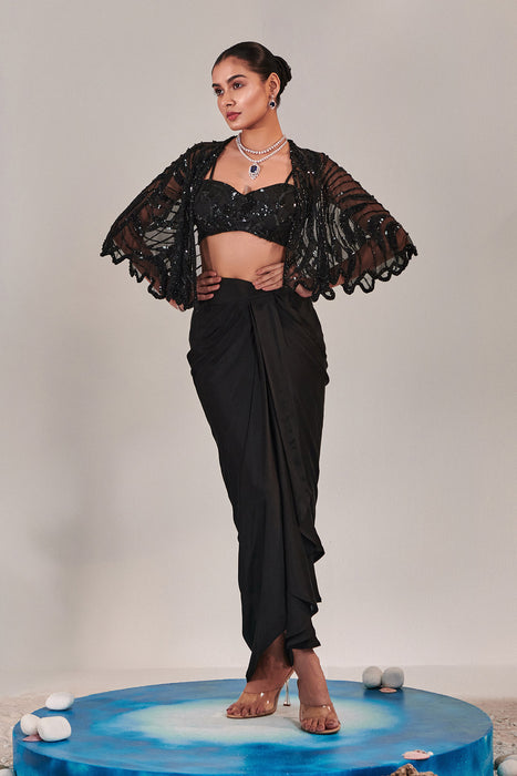 Hand Embroidered Scallop Short Cape; Asymmetric Drape Slit Skirt; Broad Asymmetric Waistbelt