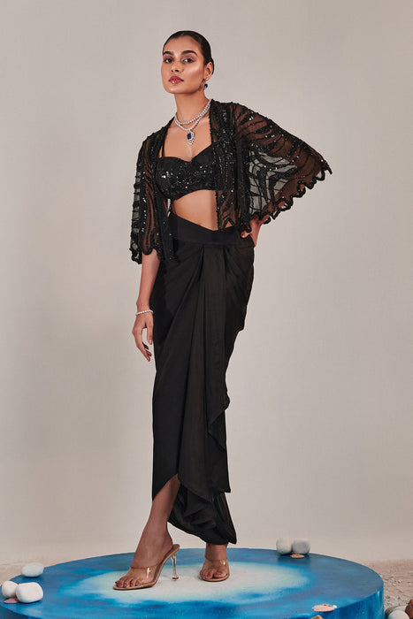 Hand Embroidered Scallop Short Cape; Asymmetric Drape Slit Skirt; Broad Asymmetric Waistbelt