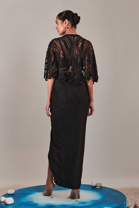 Hand Embroidered Scallop Short Cape; Asymmetric Drape Slit Skirt; Broad Asymmetric Waistbelt