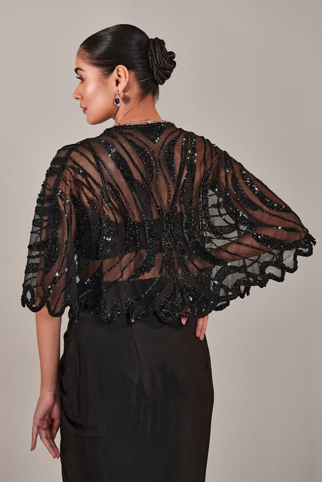 Hand Embroidered Scallop Short Cape; Asymmetric Drape Slit Skirt; Broad Asymmetric Waistbelt