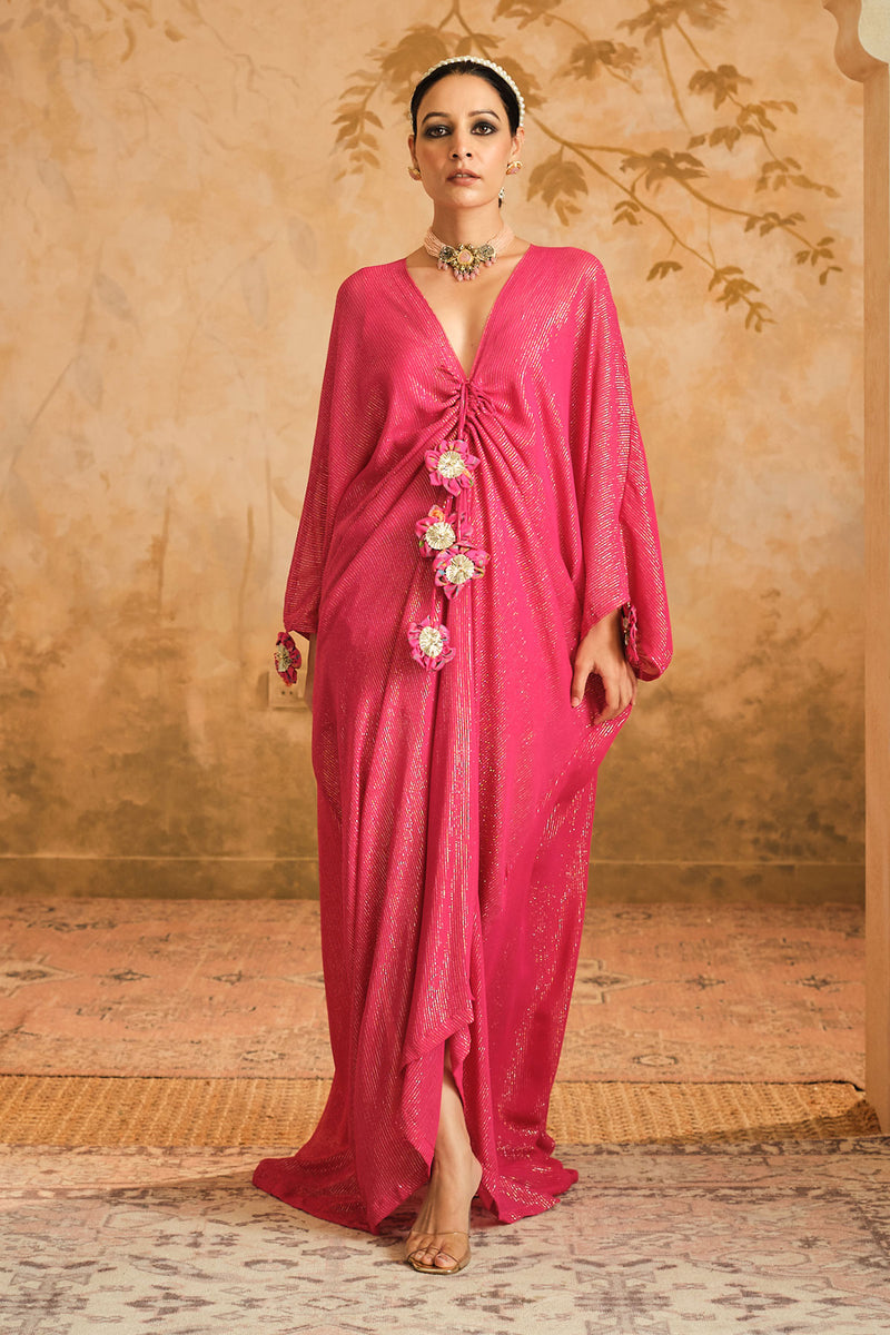 Doree: Hot Pink Front Gathered Long Kaftaan