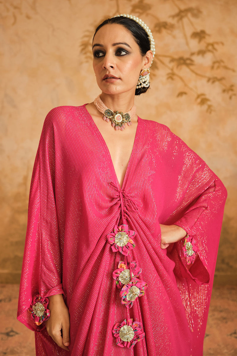 Doree: Hot Pink Front Gathered Long Kaftaan