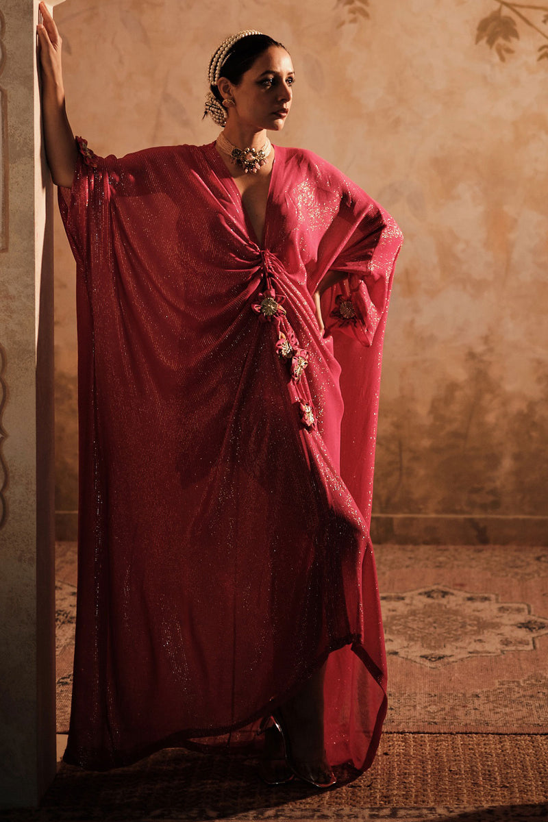 Doree: Hot Pink Front Gathered Long Kaftaan