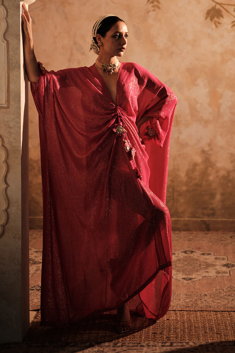 Doree: Hot Pink Front Gathered Long Kaftaan