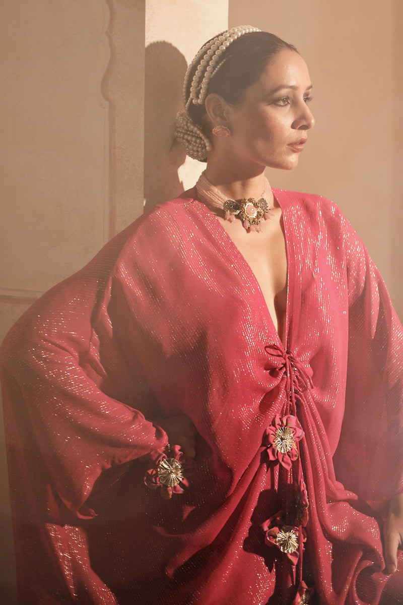 Doree: Hot Pink Front Gathered Long Kaftaan