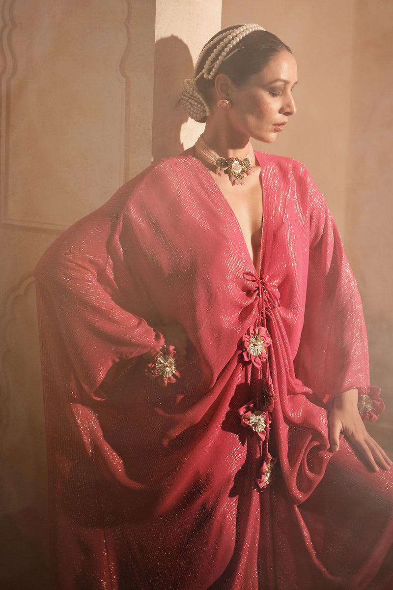 Doree: Hot Pink Front Gathered Long Kaftaan