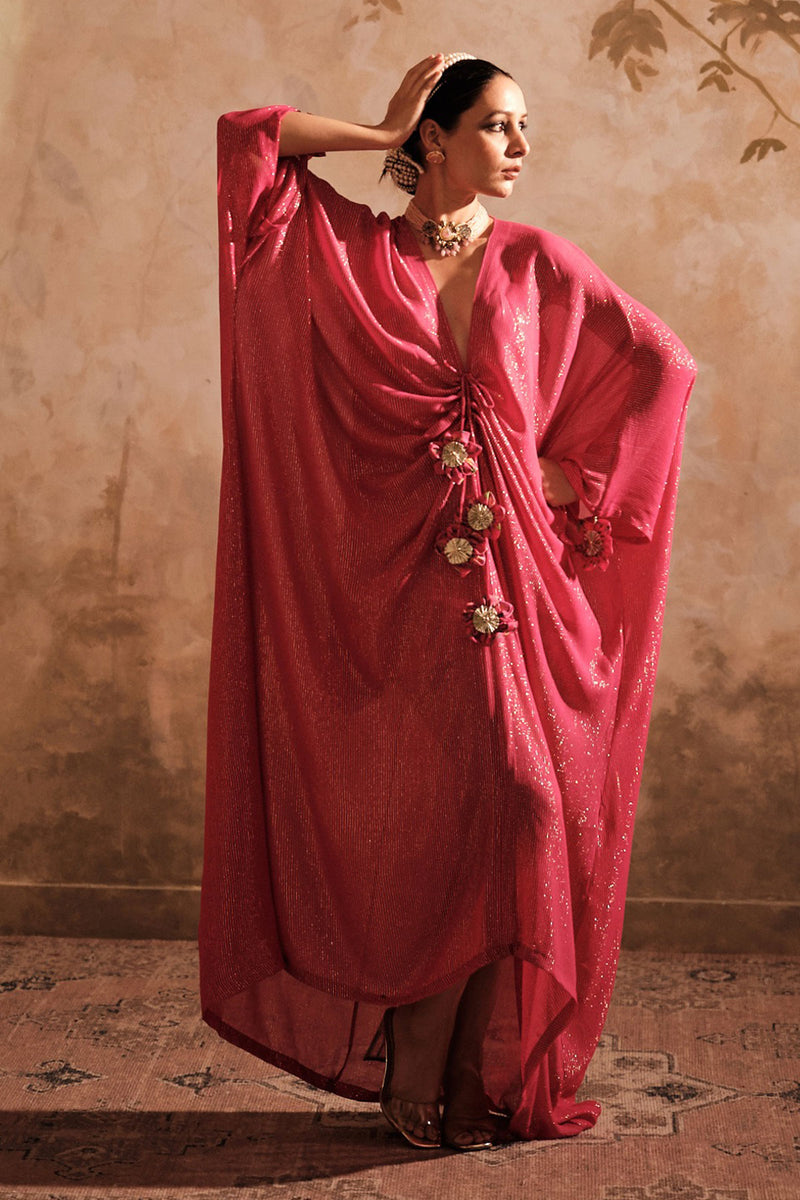 Doree: Hot Pink Front Gathered Long Kaftaan