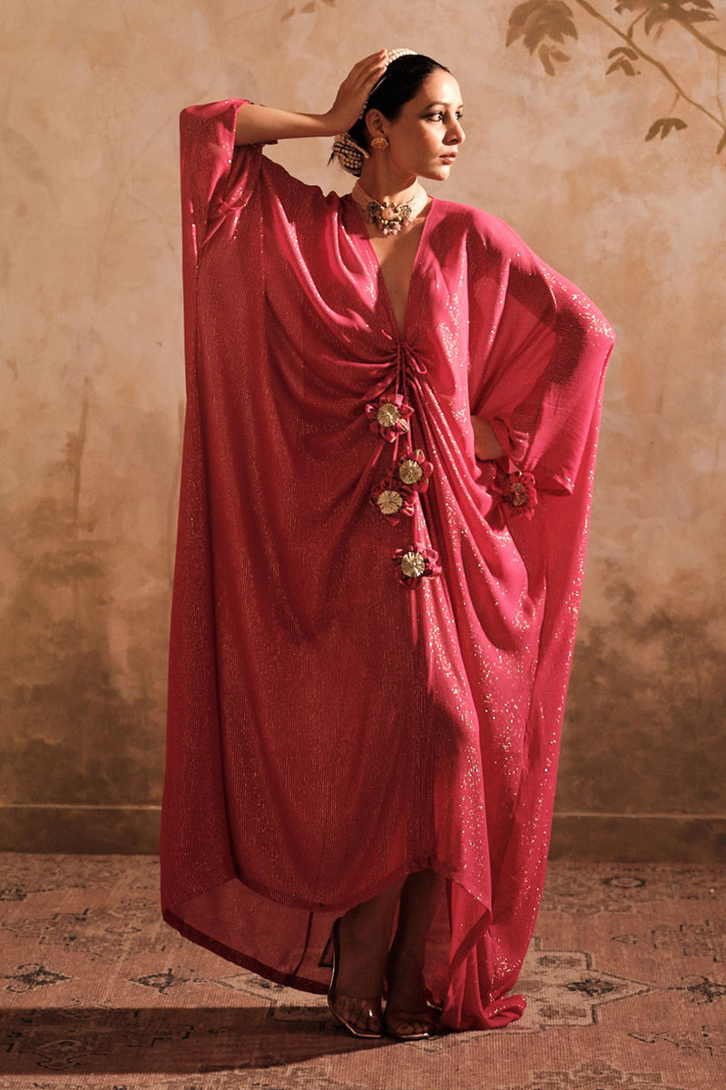 Doree: Hot Pink Front Gathered Long Kaftaan