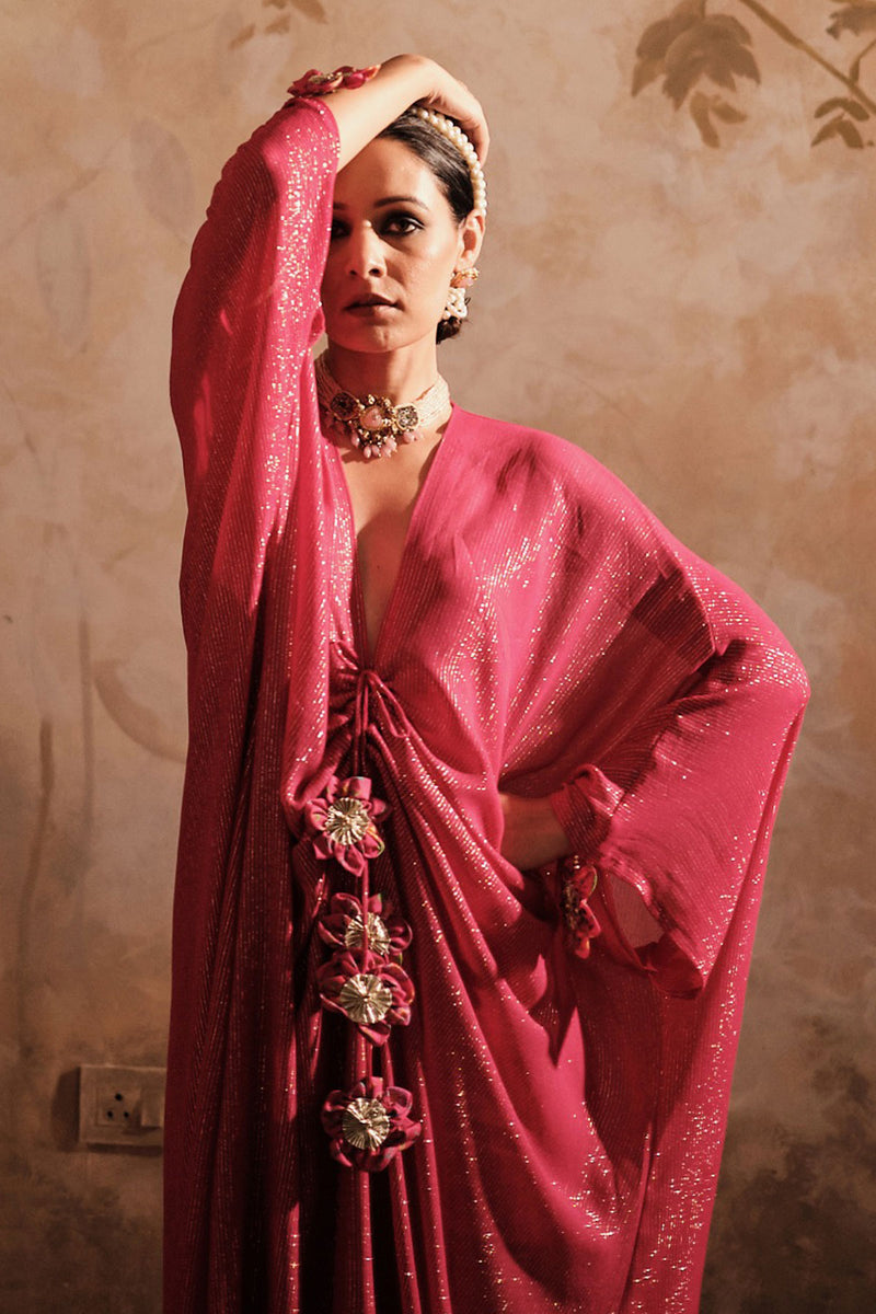 Doree: Hot Pink Front Gathered Long Kaftaan