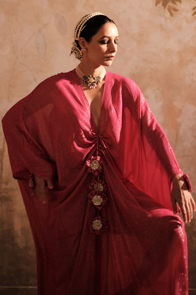 Doree: Hot Pink Front Gathered Long Kaftaan