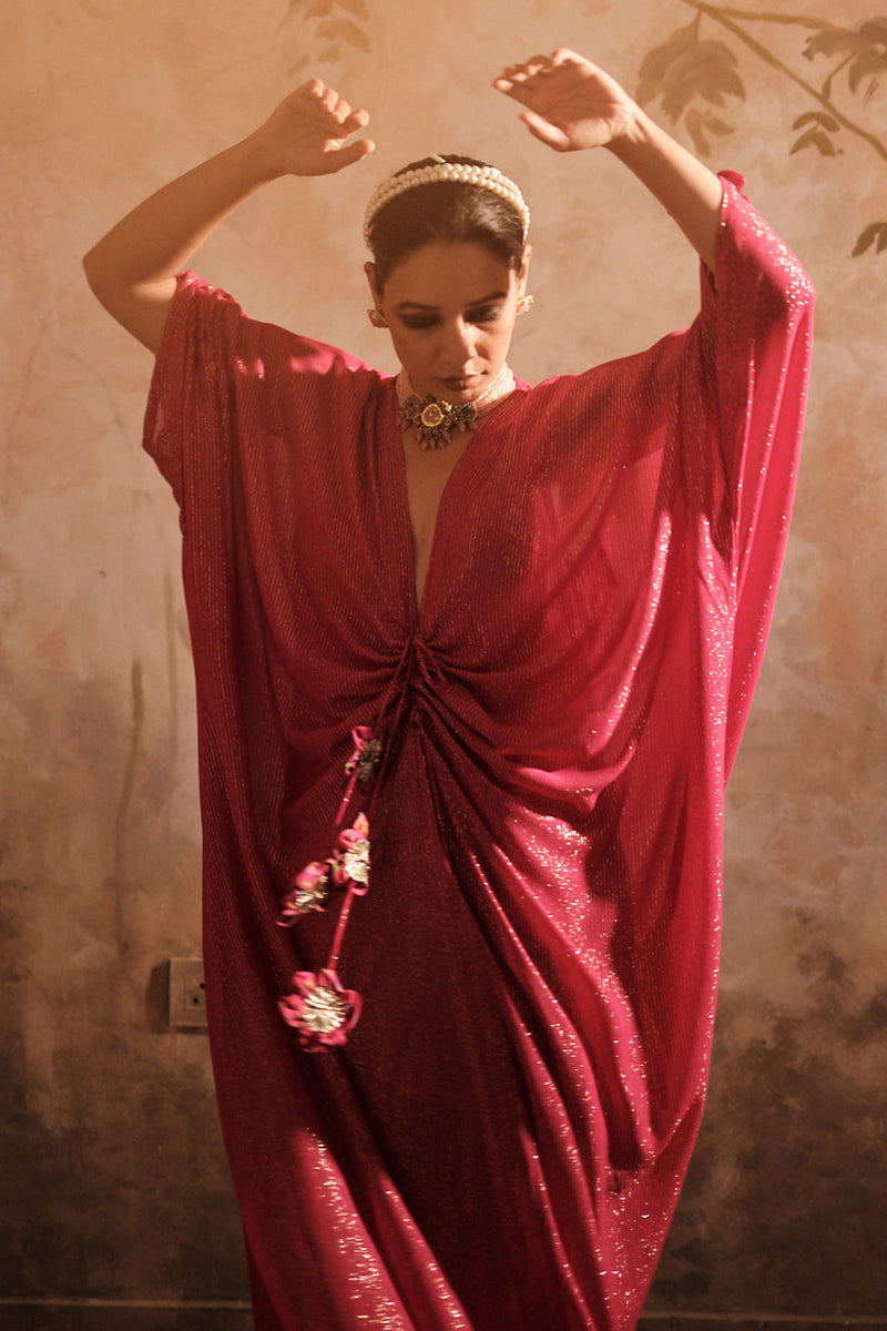 Doree: Hot Pink Front Gathered Long Kaftaan