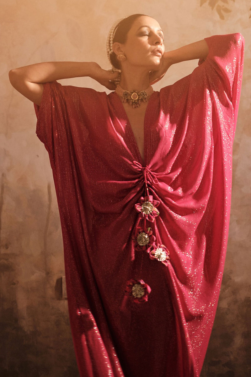 Doree: Hot Pink Front Gathered Long Kaftaan