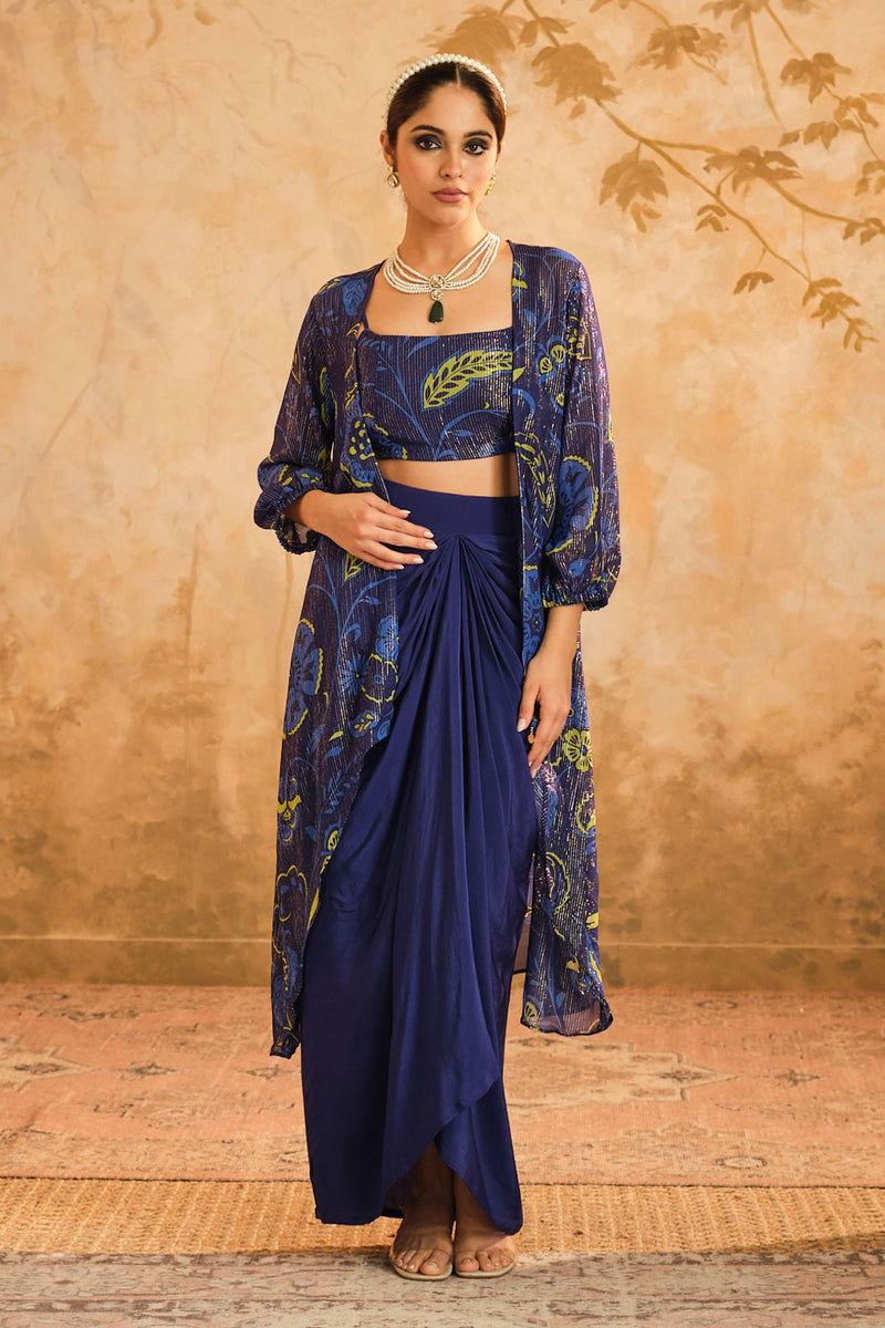 Doree: Blue Chintz Printed Cape Set of 3