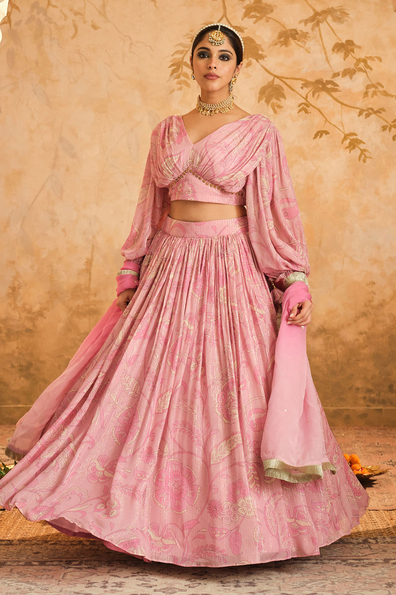 Doree: Blush Pink Chintz Printed Lehenga Set of 3