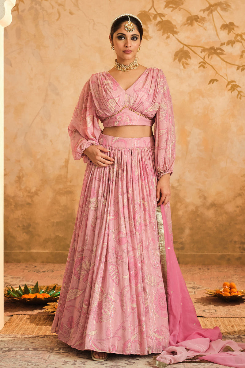 Doree: Blush Pink Chintz Printed Lehenga Set of 3