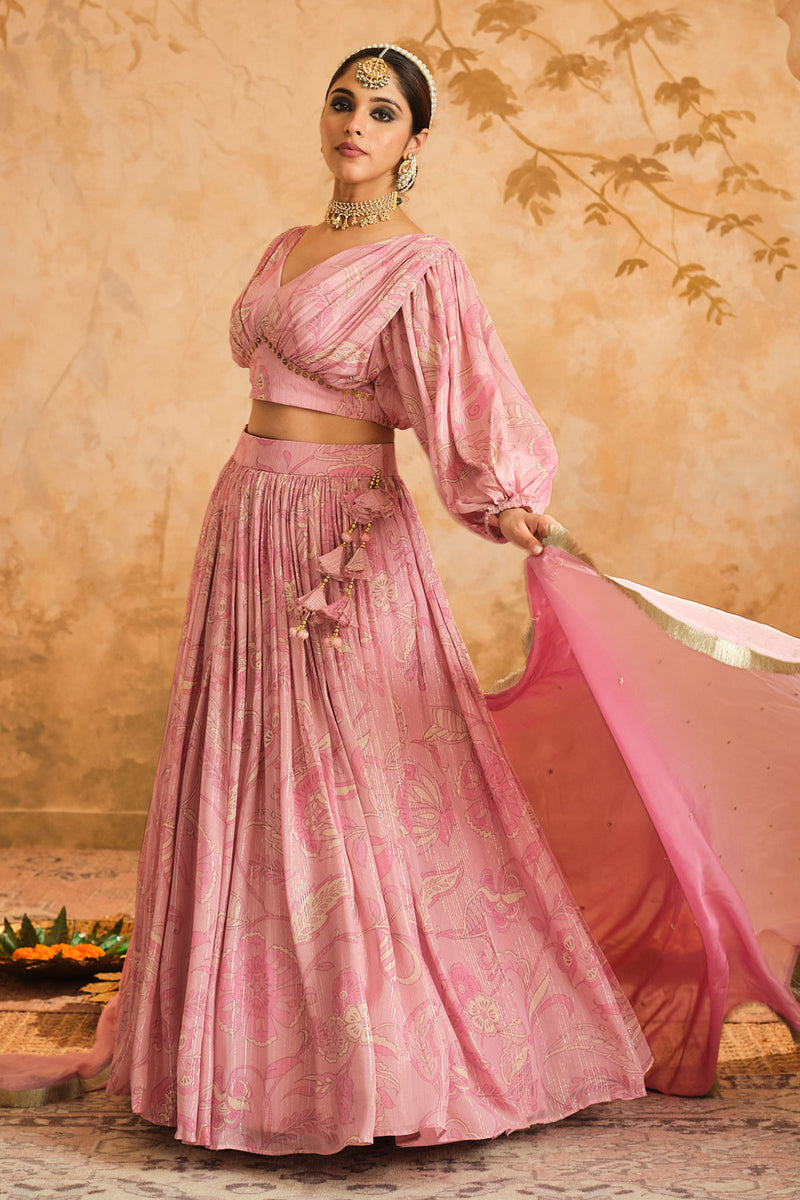 Doree: Blush Pink Chintz Printed Lehenga Set of 3