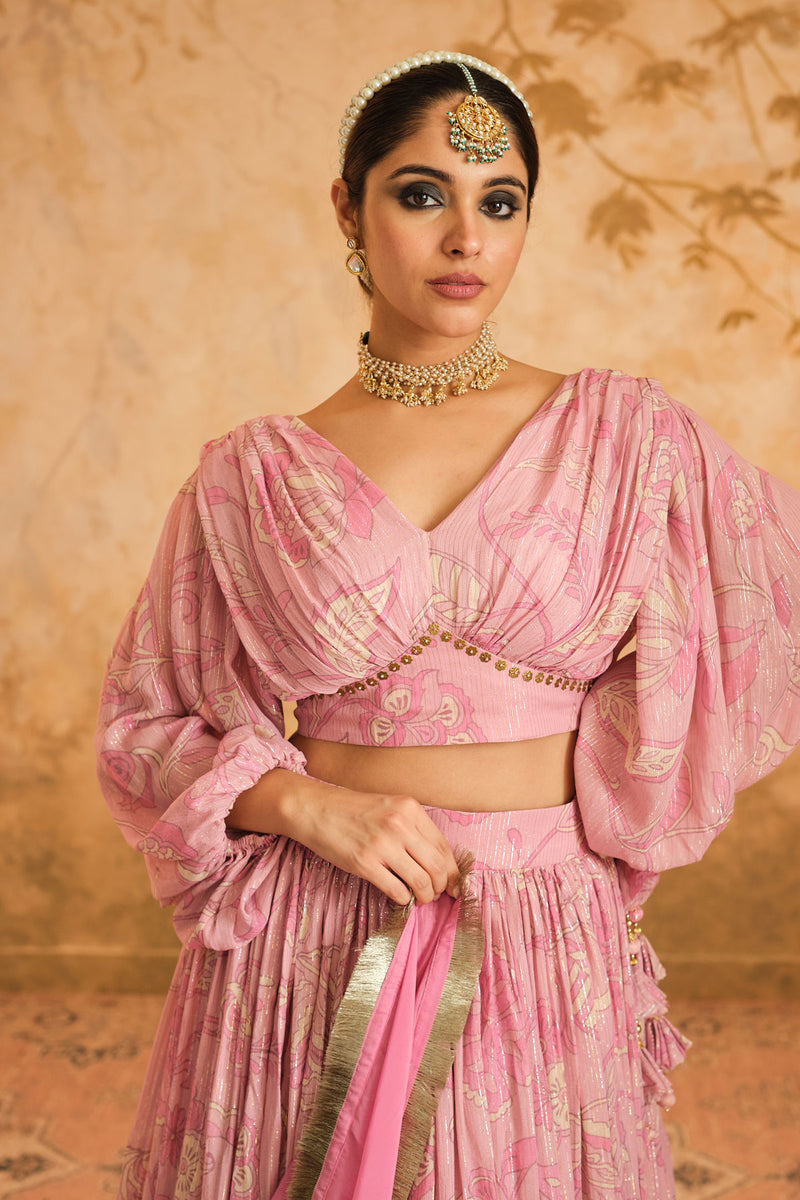 Doree: Blush Pink Chintz Printed Lehenga Set of 3