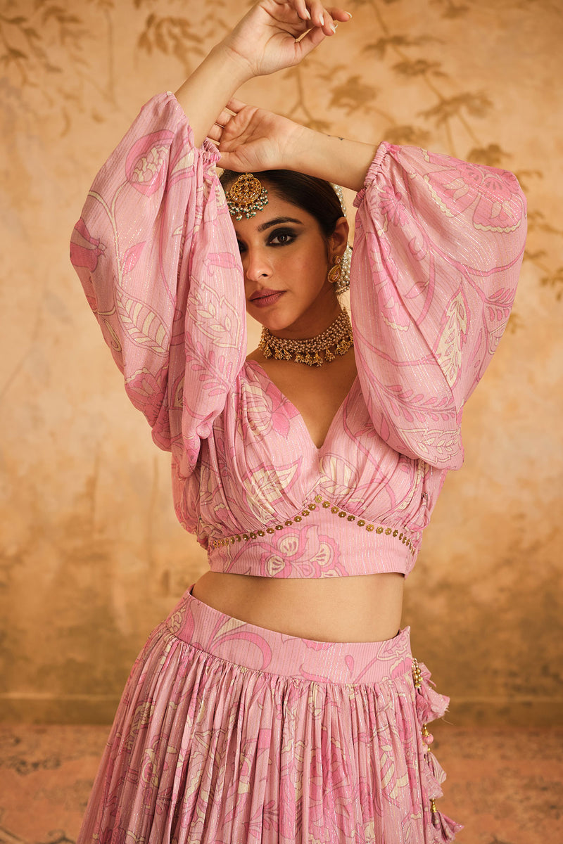 Doree: Blush Pink Chintz Printed Lehenga Set of 3