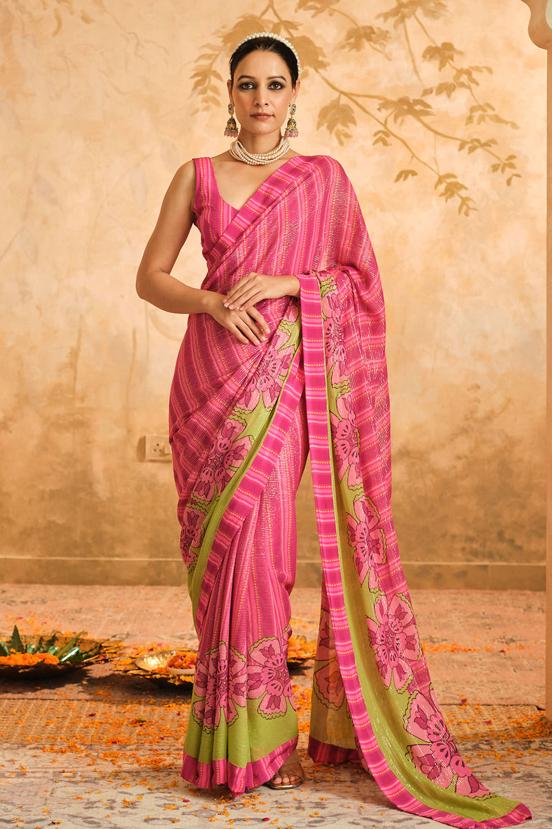 Doree: Pink Floral Chintz Saree with Unstiched Blouse Piece