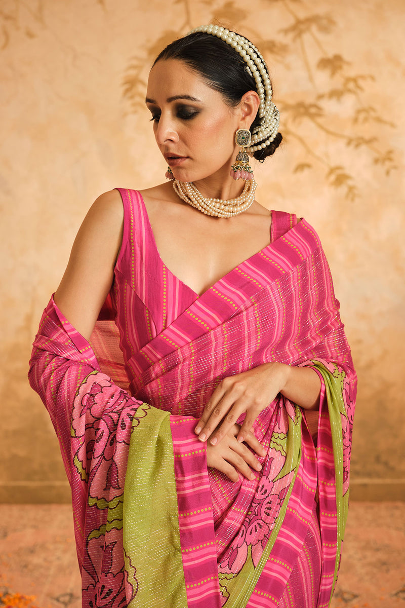 Doree: Pink Floral Chintz Saree with Unstiched Blouse Piece