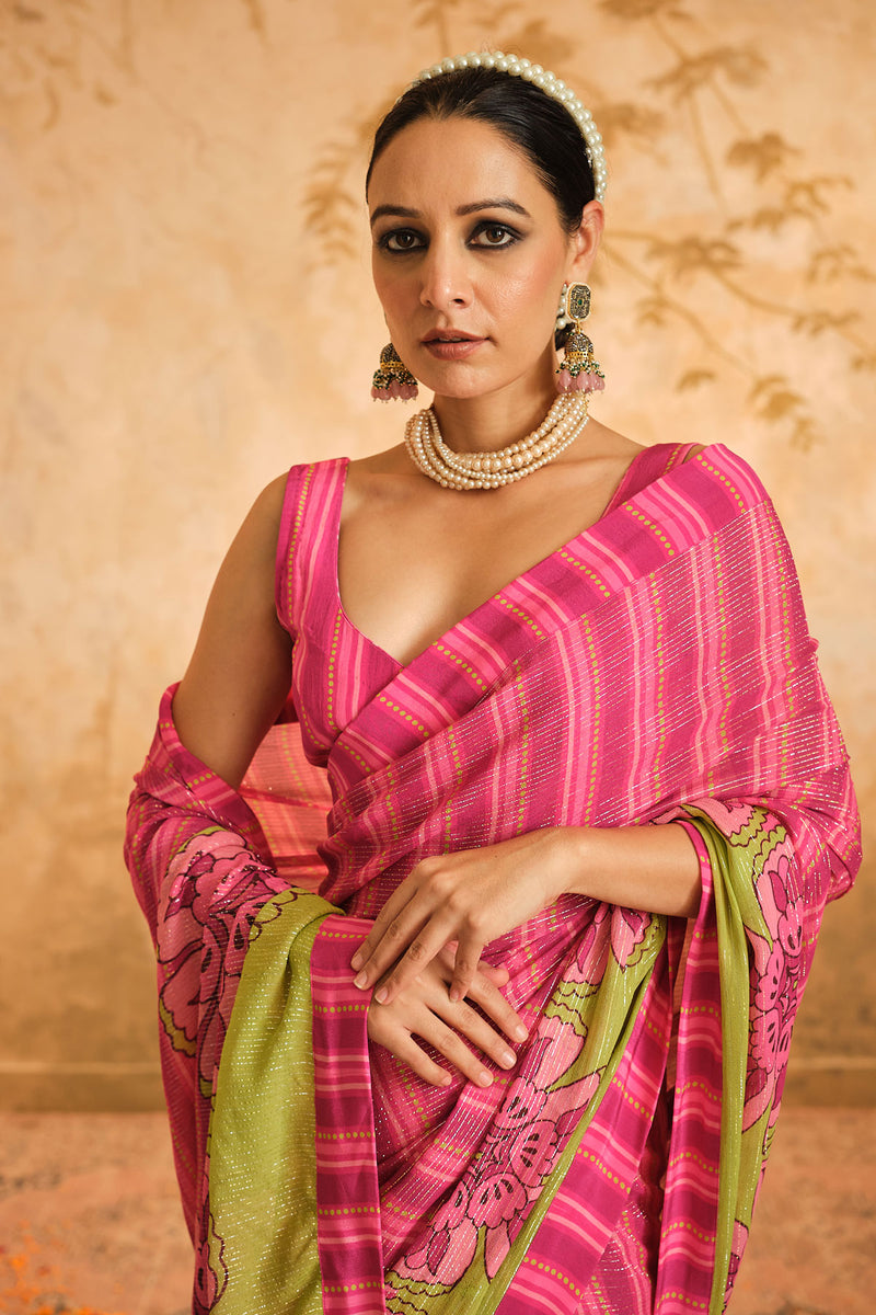 Doree: Pink Floral Chintz Saree with Unstiched Blouse Piece