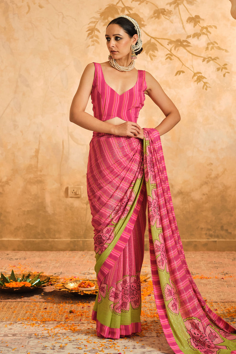 Doree: Pink Floral Chintz Saree with Unstiched Blouse Piece