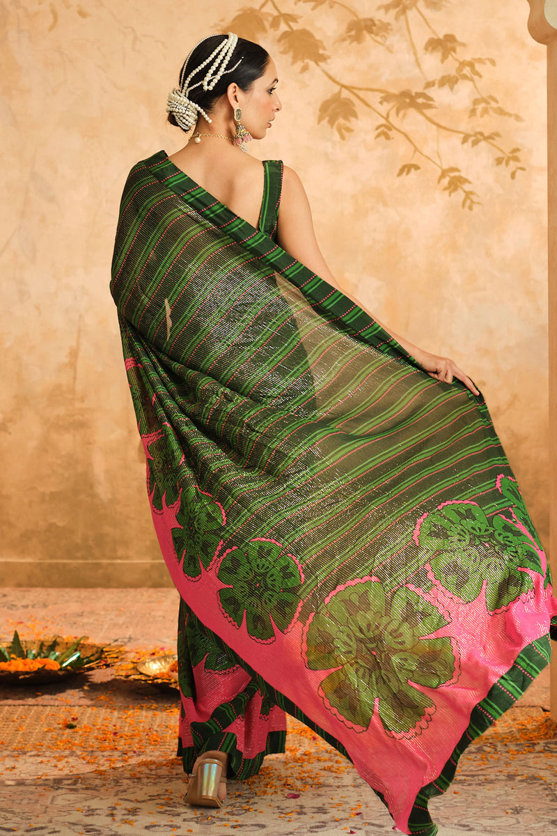 Doree: GreenFloral Chintz Saree with Unstiched Blouse Piece