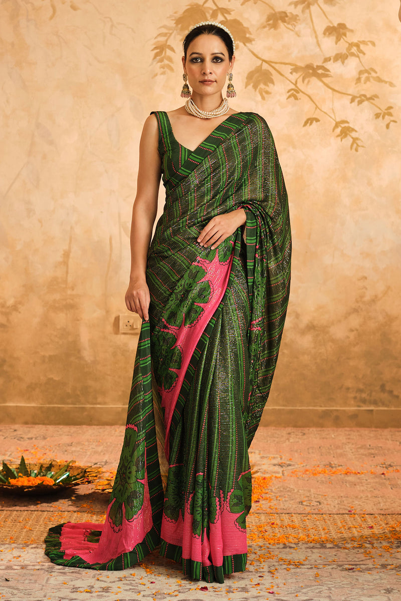 Doree: GreenFloral Chintz Saree with Unstiched Blouse Piece