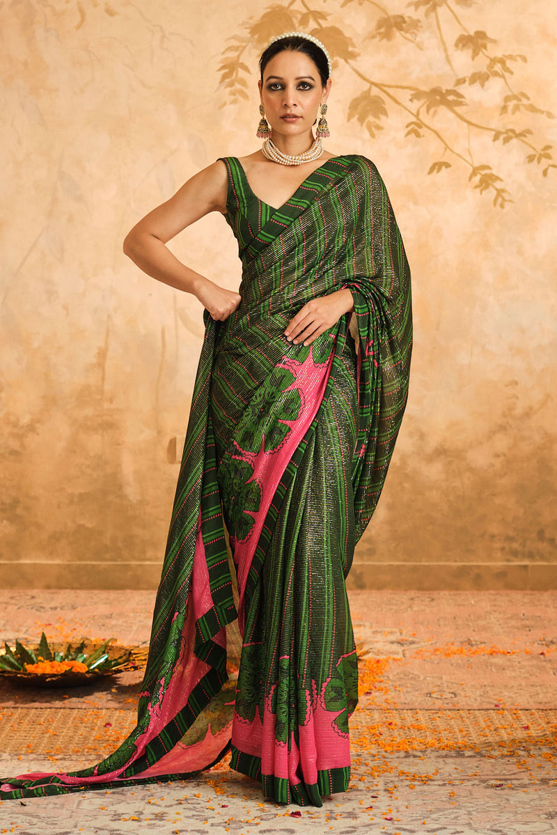 Doree: GreenFloral Chintz Saree with Unstiched Blouse Piece