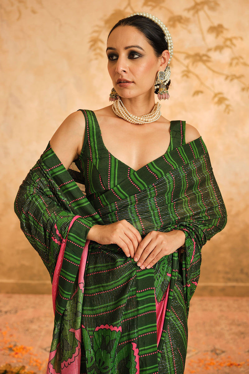 Doree: GreenFloral Chintz Saree with Unstiched Blouse Piece