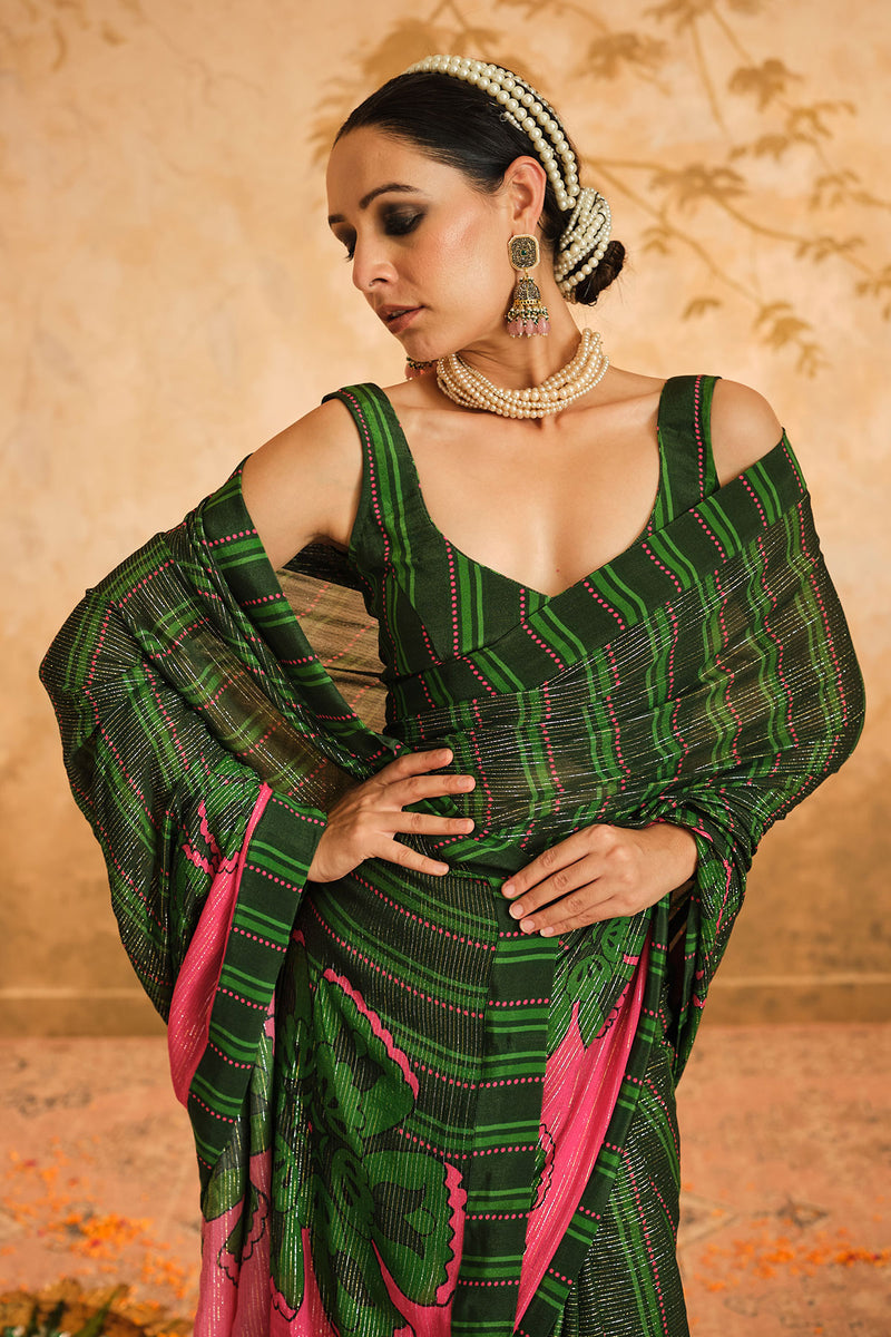 Doree: GreenFloral Chintz Saree with Unstiched Blouse Piece