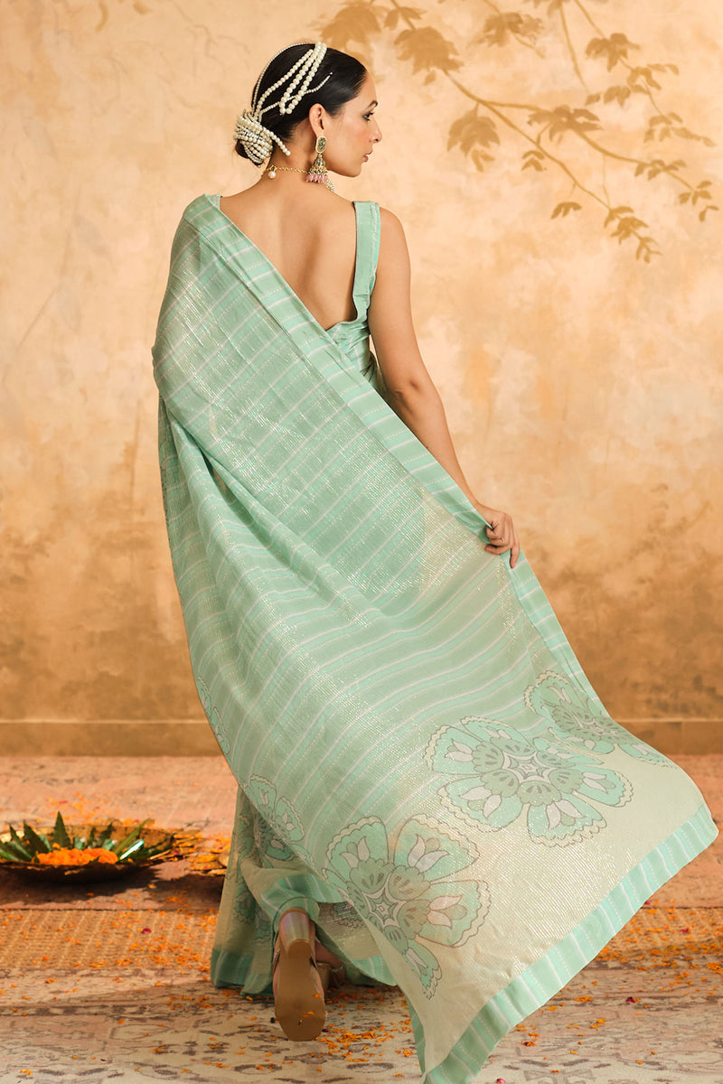 Doree: Aqua Floral Chintz Saree with Unstiched Blouse Piece