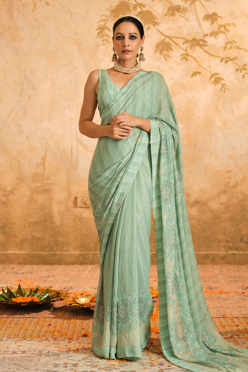 Doree: Aqua Floral Chintz Saree with Unstiched Blouse Piece