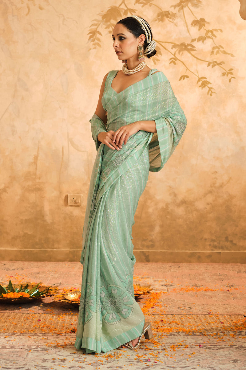 Doree: Aqua Floral Chintz Saree with Unstiched Blouse Piece