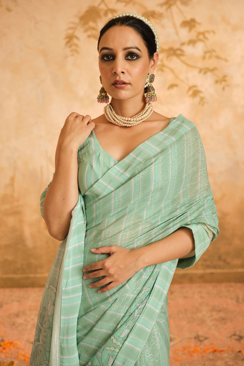 Doree: Aqua Floral Chintz Saree with Unstiched Blouse Piece