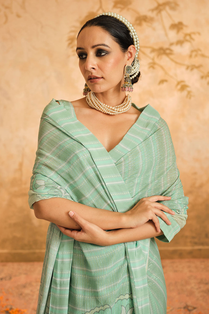 Doree: Aqua Floral Chintz Saree with Unstiched Blouse Piece