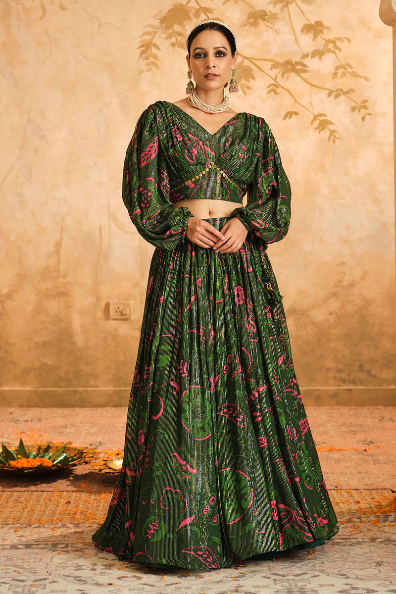 Doree: Green Chintz Printed Lehenga Set of 3