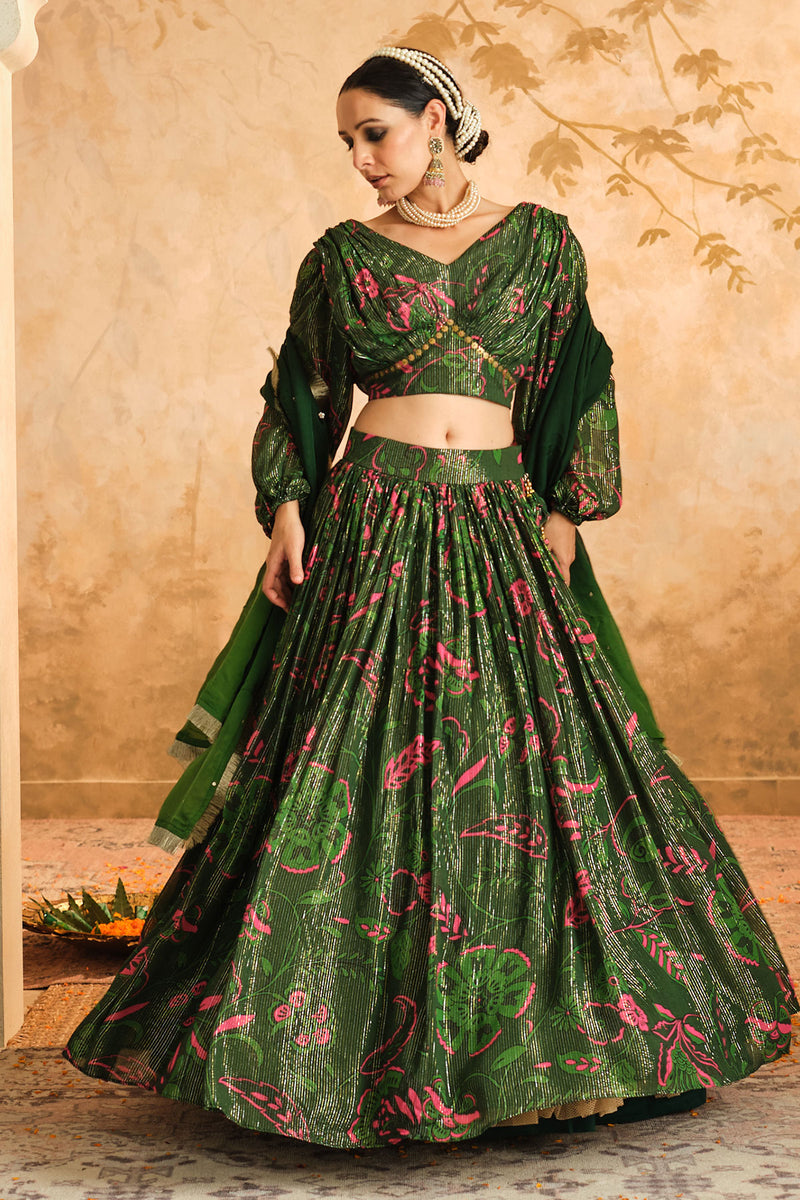 Doree: Green Chintz Printed Lehenga Set of 3