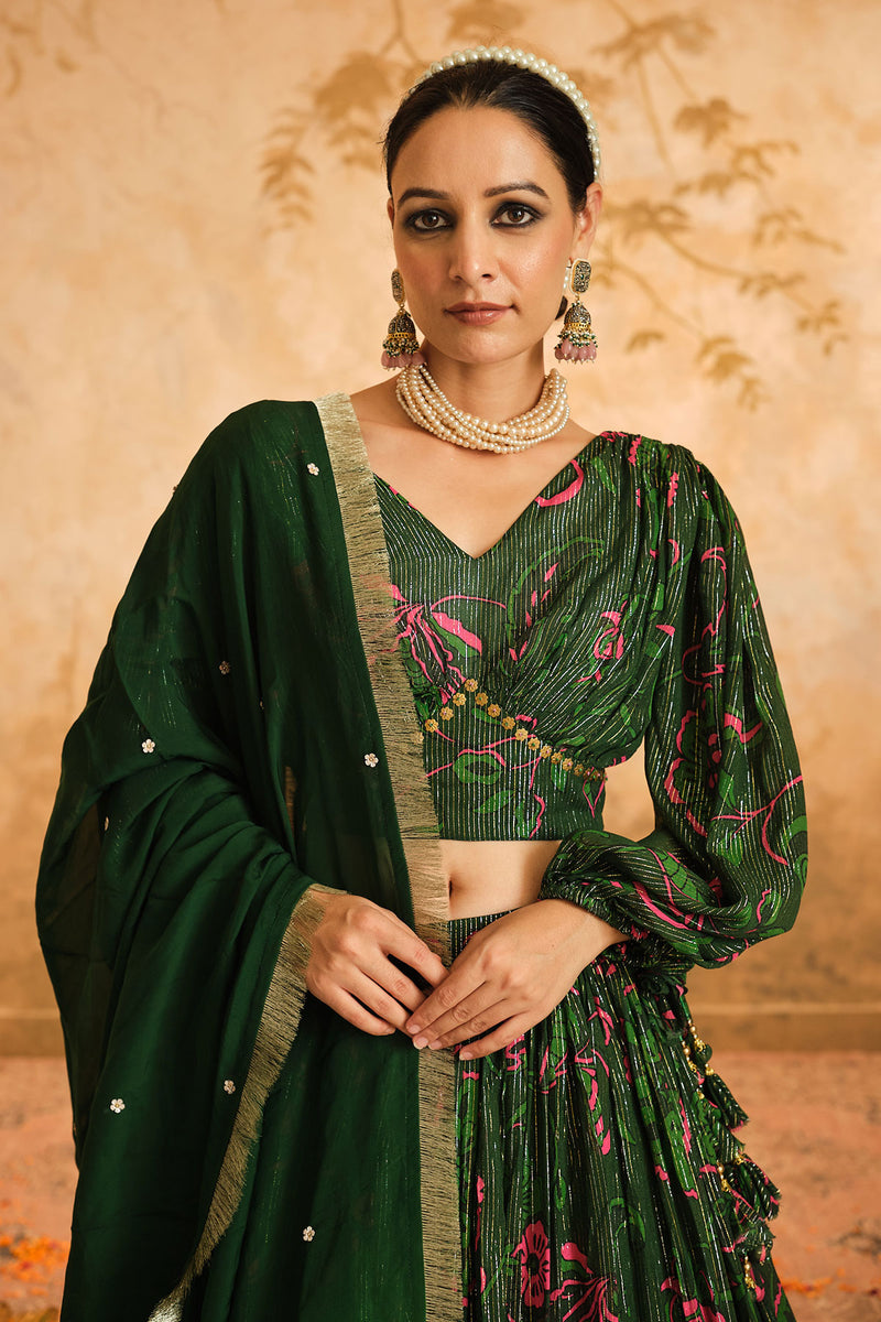 Doree: Green Chintz Printed Lehenga Set of 3