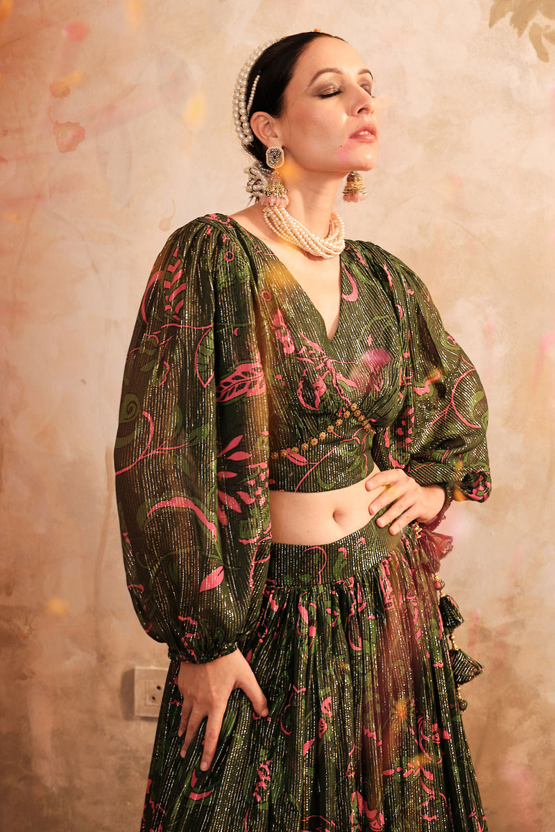 Doree: Green Chintz Printed Lehenga Set of 3