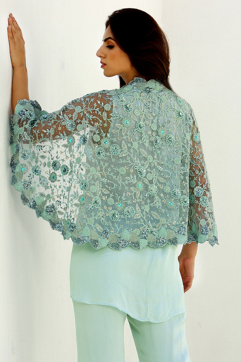 Celeste - Embroidered Cape Shirt Pant Set.
