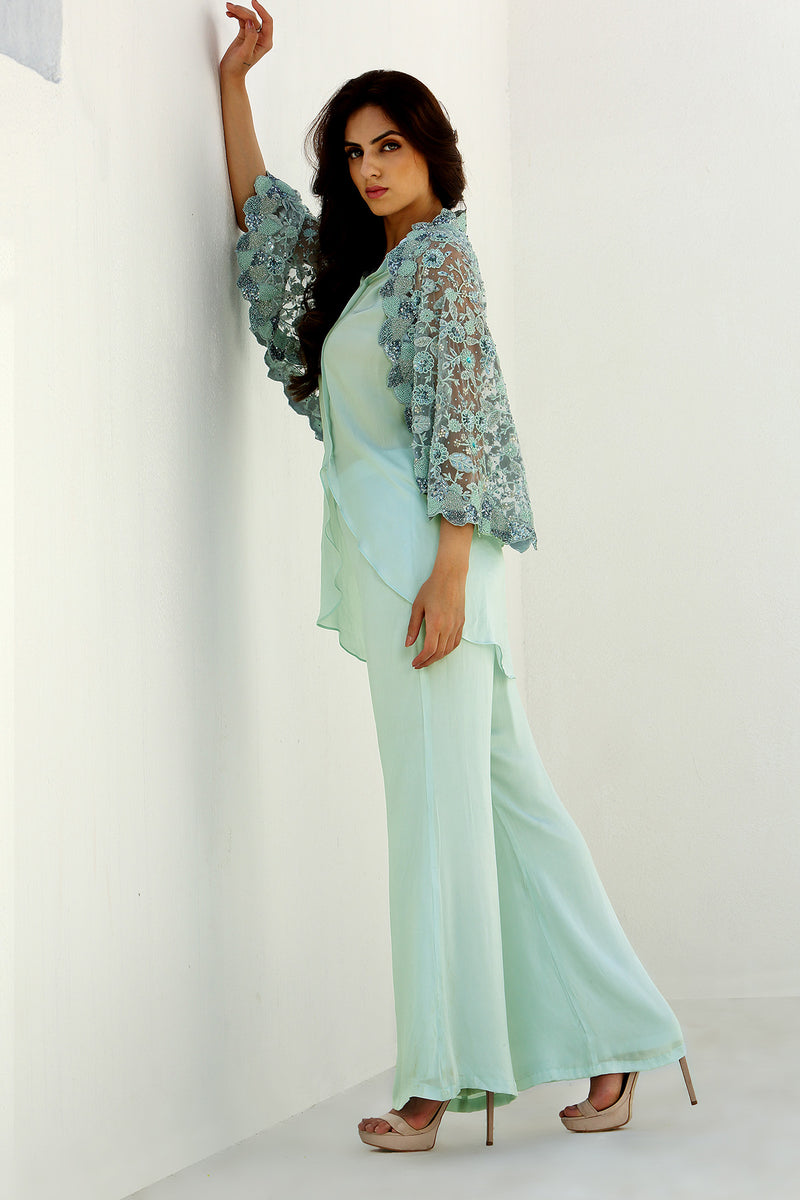 Celeste - Embroidered Cape Shirt Pant Set.